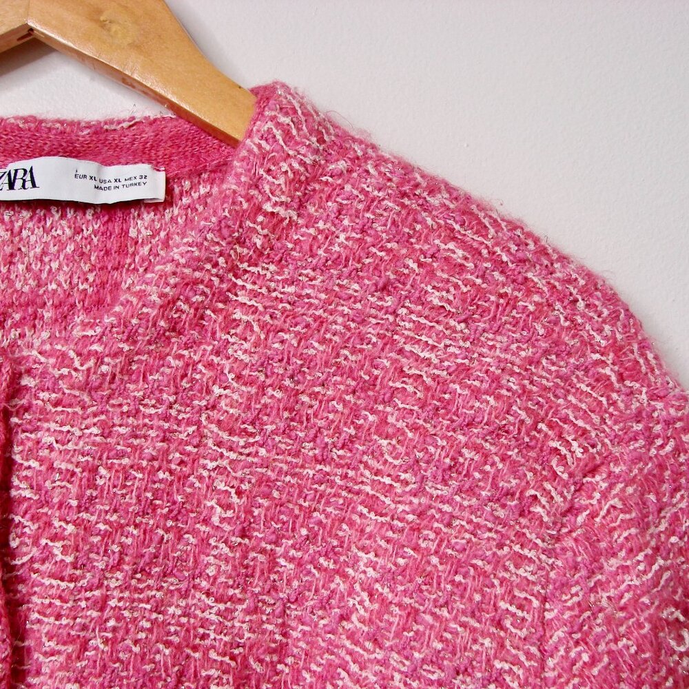Zara Pink Tweed Knit Cardigan Jacket Sweater Barbie Pink Silver Metallic Size XL - Picture 8 of 16